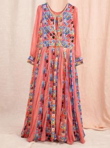Peach 6-Metre Flare Frock with Dupatta – Multicolo