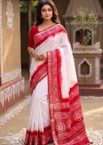 Red &amp; White Hand Block Print Saree