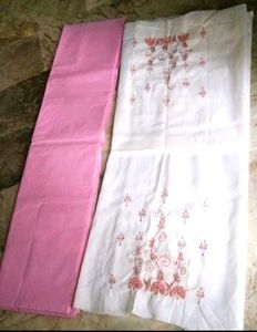 3 piece cotton embroidery pink&amp;white suit(unstitcd
