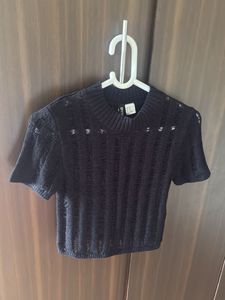Black Cropped Mesh Knit Top
