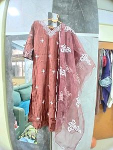 Elegant Brown Kurta Set with White Embroidery