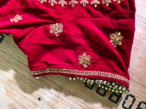 Exquisite Red Velvet Lehenga with Golden Embroider