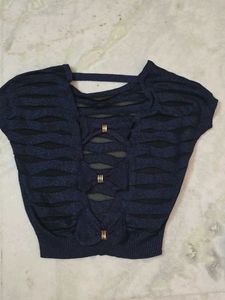 Stylish Blue Cut-Out Knit Top