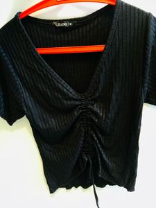 Chic Black Ruched V-Neck Top
