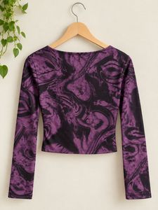 Purple Swirl Print Long Sleeve Crop Top