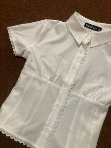 White Button-Up Lace Trim Top