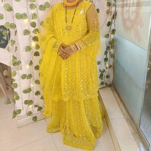 Yellow Embroidered Lehenga With Long Choli
