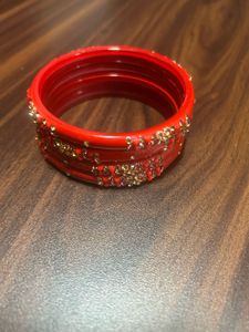 Heavy Red Designer Glass Bangles Set