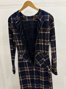 Navy blue &amp; Brown Plaid Long Sleeve Midi Dress