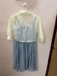 Blue Striped Dress with Sheer Shrug