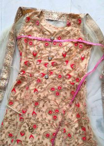 Very Beautiful Heavy Work Golden Gown With Shrug