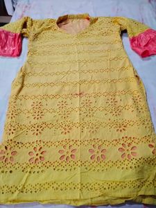 Yellow Chikankari Kurta with Pink Sleeves
