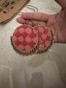 Pink Geometric Design Jhumka Earrings