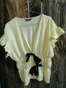 Shein Yellow Ruffled Bow Top