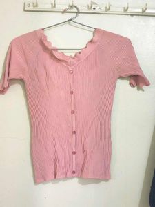 Pink Ribbed Button-Up Top