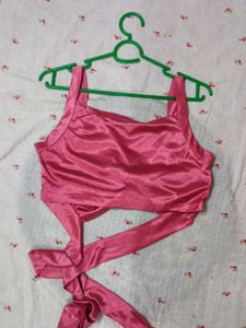 Stylish Pink Satin Twist Front Halter Top