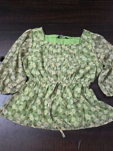Green Floral Print Peplum Top