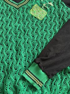 Green Knit Sweater with Black Sleeves