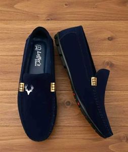 Men's Navy Suede Loafers with Deer Emblem