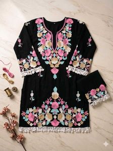 Embroidered Black Kurta with Trousers Set
