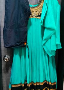 Teal Anarkali Dress, Black Border, Gold Embroidery