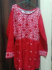 Vibrant Red Kurta with White Block Print