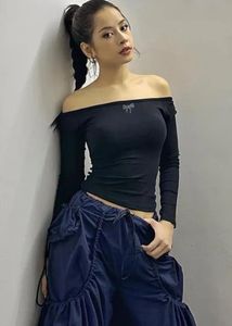 New Me Off-Shoulder Black Top with Bow Detail XS