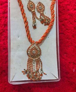 Stunning Orange & Gold Necklace with Earrings