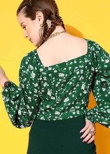 Green Floral Puff Sleeve Top