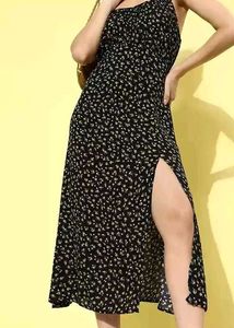 Black Floral Print High Slit Midi Dress