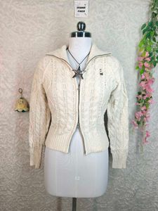 Cream Cable Knit Zip-Up Sweater