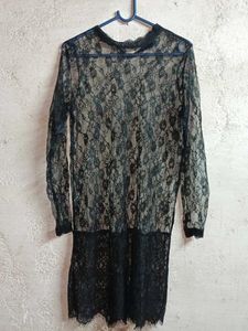See-through Sheer Lace Tunic Top Black 🖤