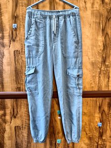 Light Wash Denim Cargo Joggers