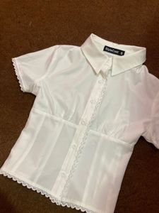 White Button-Up Lace Trim Top