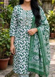 Green Floral Print Kurta Set with Dupatta