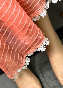 Sheer Coral Pink Striped Dupatta