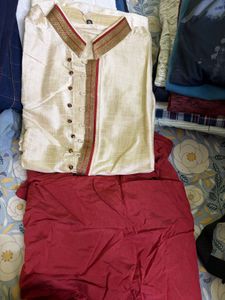 Men's Cream Kurta with Red Salwar