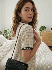 Zara Chic Pearl Trim Tweed Top