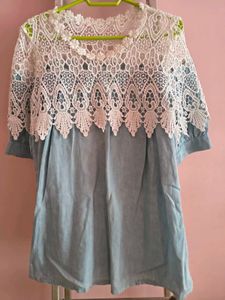 Lace Trim Denim Tunic Top