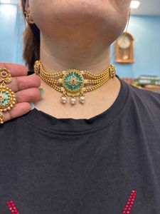 Gold Choker Necklace with Earrings Set
