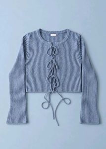 BLUE RIBBED LACE-UP CROPPED KNIT TOP