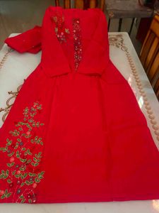 Embroidered Red Kurta with Dupatta and Plazo