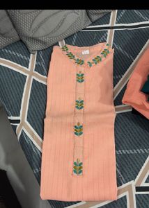 Peach Striped Embroidered Kurta