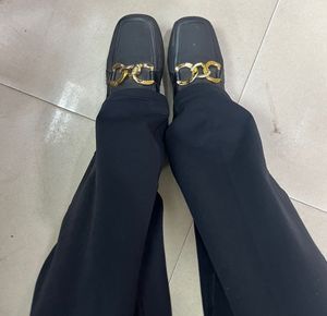 Black Mules with Gold Detail