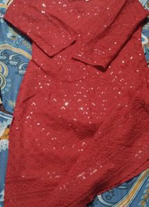 Red Embellished Kurta with Sequins