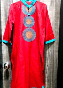 Vibrant Red Kurta with Circular Embellishments