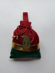 Premium Maroon &amp; Green Zari Paisley Potli Bag