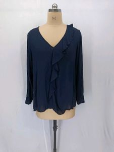 Navy Ruffle V-Neck Blouse