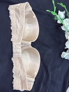 Beige Strapless Bra with Lace Details