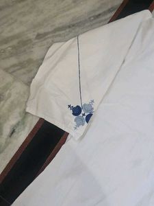 White Kurta with Blue Embroidery